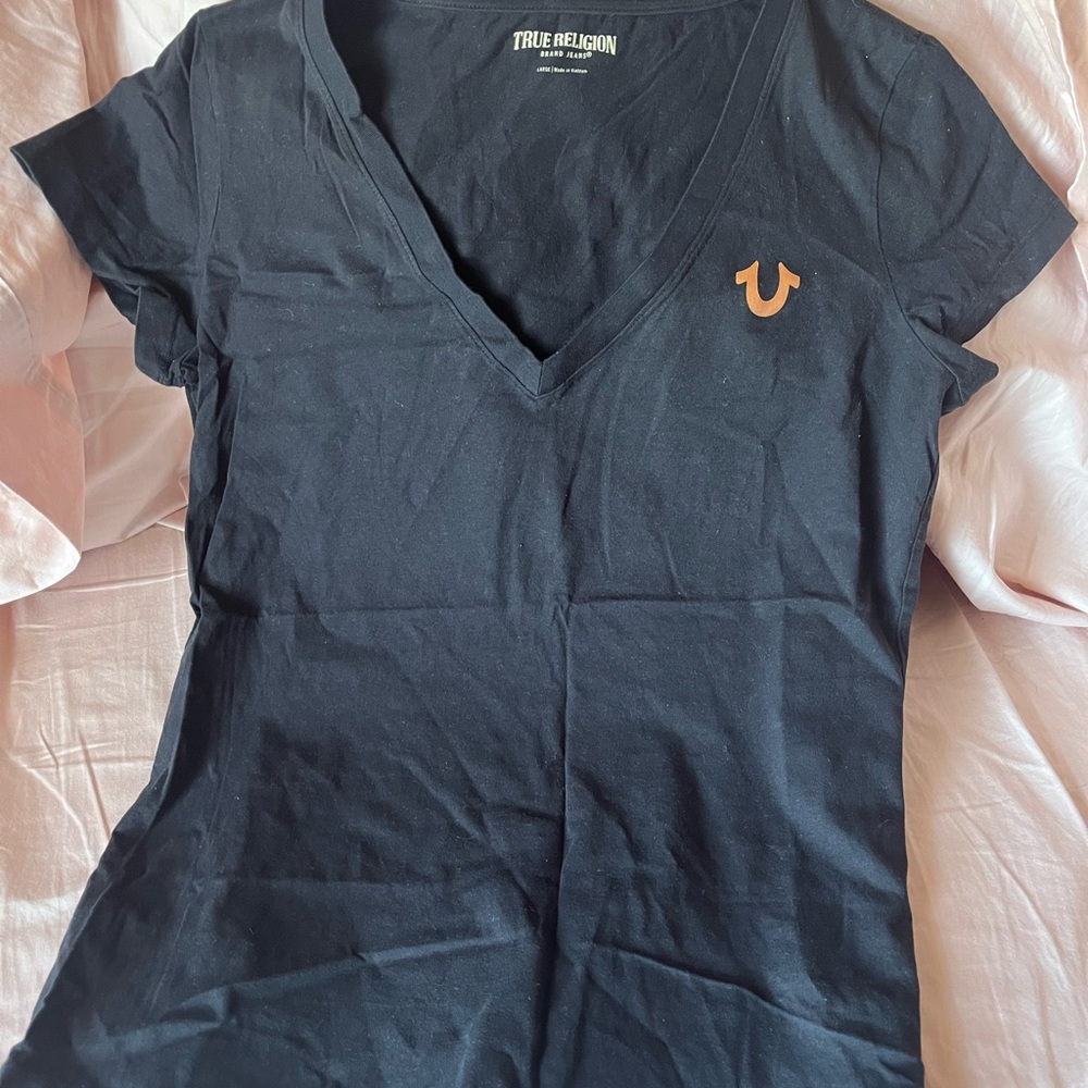 True Religion Black V-Neck Tee with Orange Horseshoe Logo